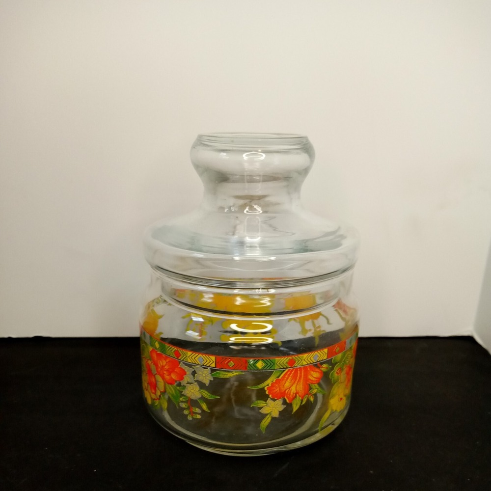 Vintage Clear Round orange yellow Floral Container w/ Lid 4" wide 6" tall